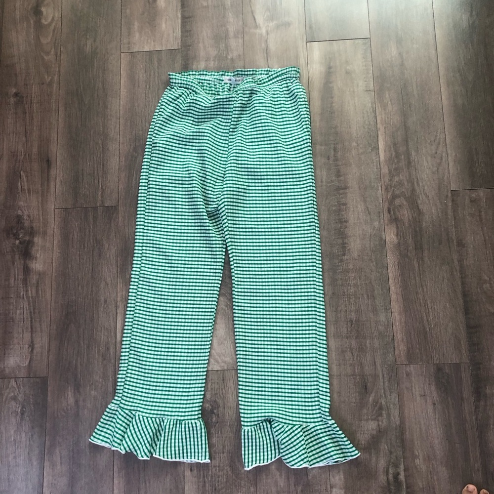 Urban Outfitters Green and White Gingham Ruffle Hem Pants